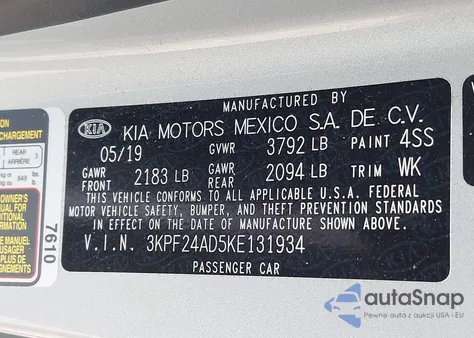 2019 Kia Forte Lxs z USA, uszkodzony, nr VIN 3KPF24AD5KE131934